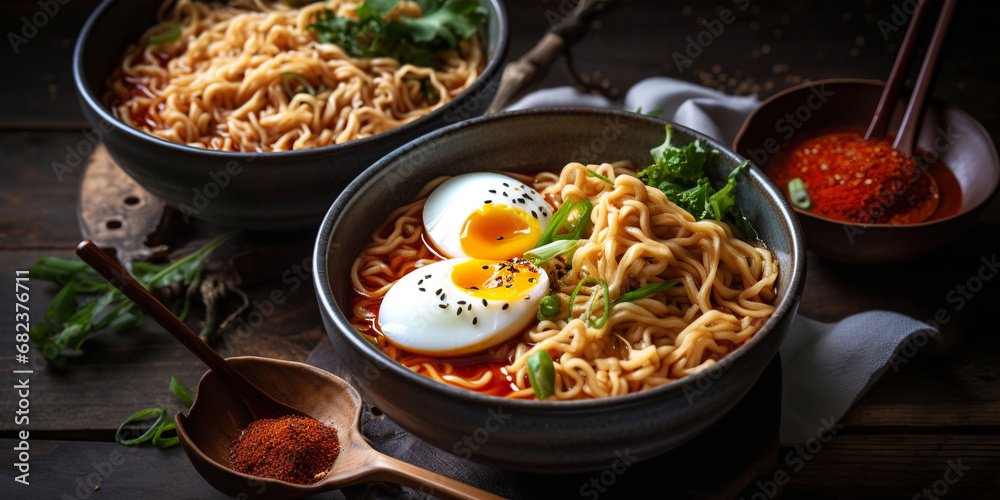 Spicy korean ramen with noodles. Generative AI.