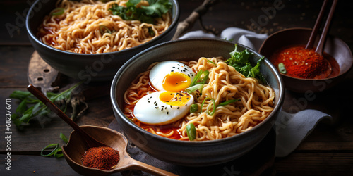 Spicy korean ramen with noodles. Generative AI.