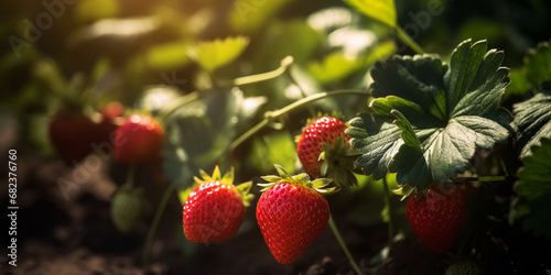 Strawberries in the harvest. Generative AI.