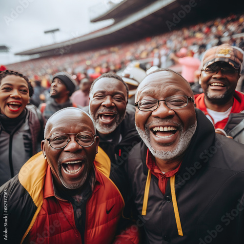 Group of joyful adults at a sporting event showing excitement and camaraderie live event entices with energy and friendship among diverse men and women