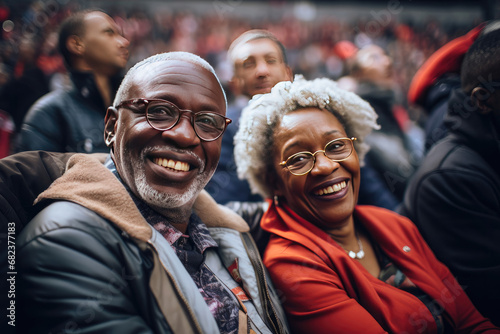 Joyful senior black couple enjoying a live sports event together surrounded by a vibrant crowd depicts happiness togetherness and shared experience © Made360
