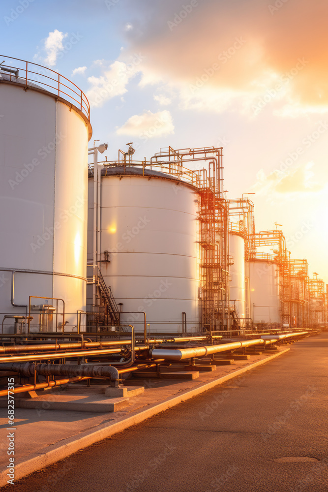 Obraz premium Chemical plant s storage tanks at sunset hour