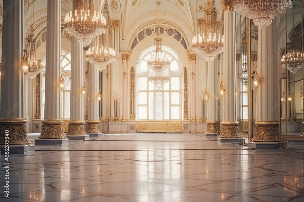 Bolshoi Theater in Moscow, historic building interior. Famous former imperial foyer. Vintage style furniture, lamps and mirror