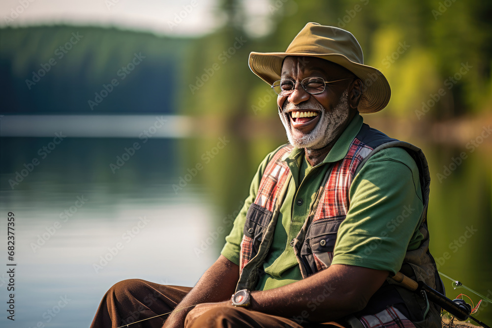 Fototapeta premium Older Black Fisherman Sitting By a Lake in the Fall Reflection and Solitude Concept