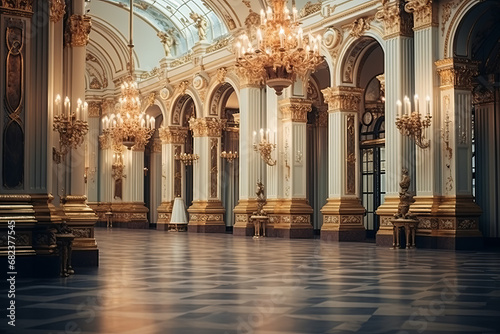Bolshoi Theater in Moscow, historic building interior. Famous former imperial foyer. Vintage style furniture, lamps and mirror