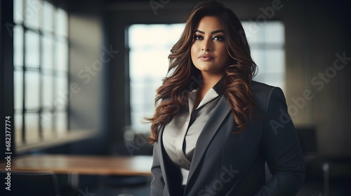 Plus size business woman model in a suit, office, Generative AI