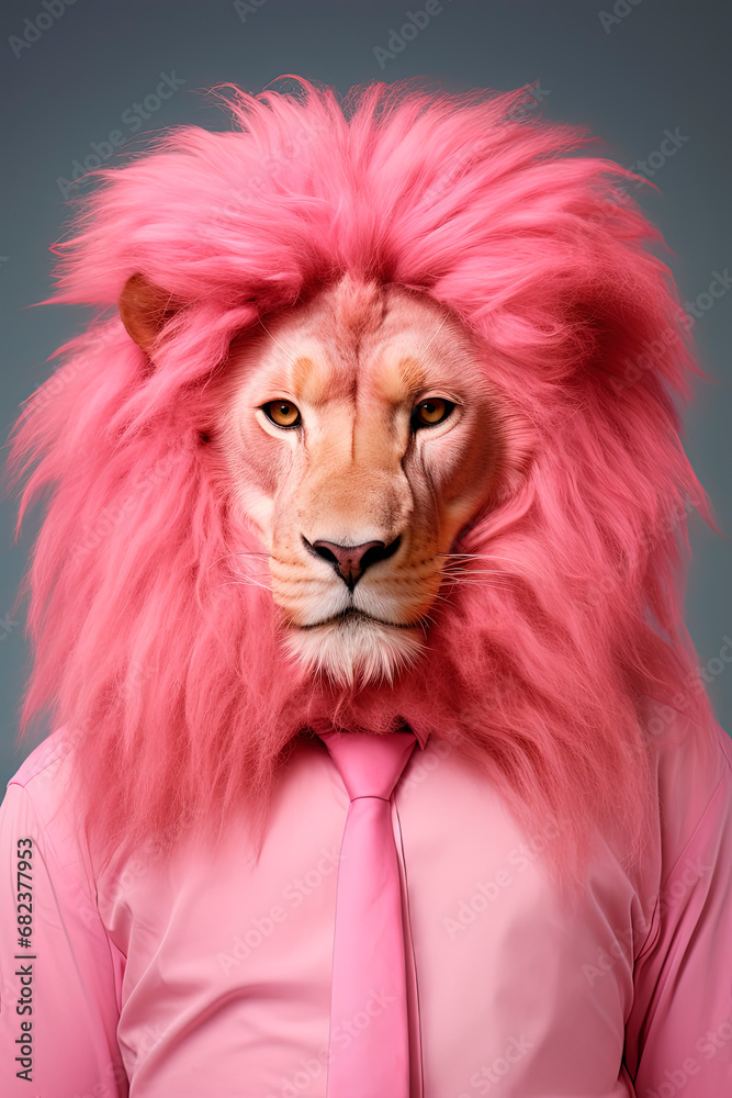 Lion with a pink mane. Animal hairstyle. Generative AI