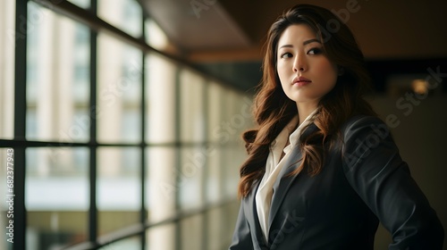 Plus size beautiful business woman model in a suit, in the office, window in the background © Filip