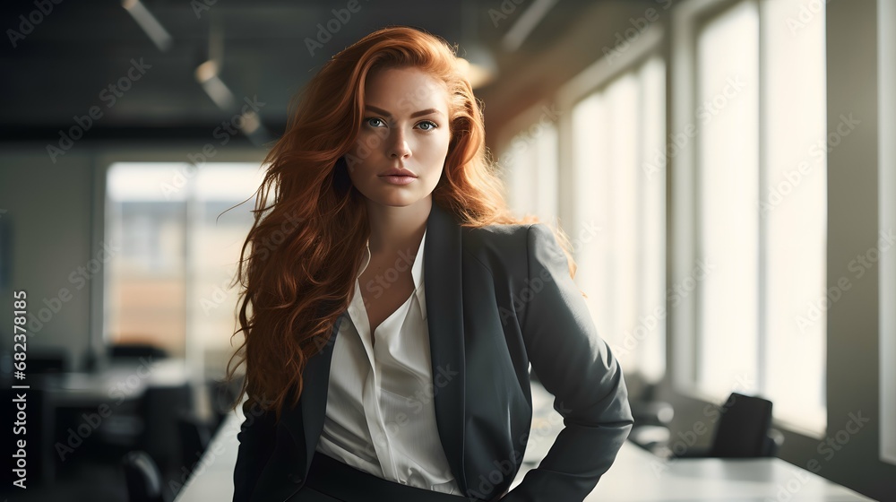 Plus size beautiful business woman model in a suit, in the office, window in the background Plus size beautiful business woman model in a suit, in the office, window in the background