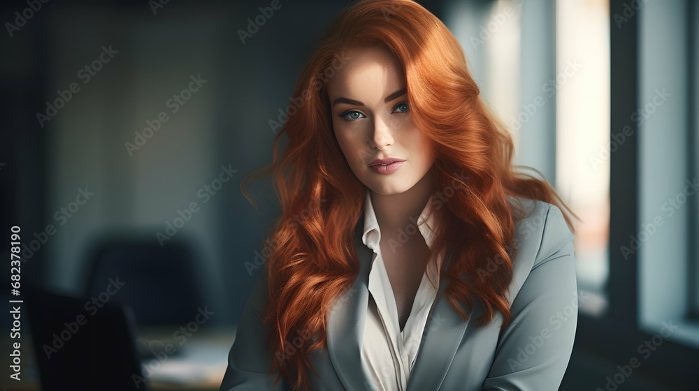 Plus size beautiful business woman model in a suit, in the office, window in the background Plus size beautiful business woman model in a suit, in the office, window in the background