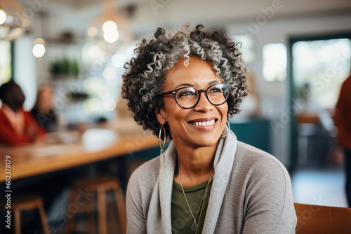 Smiling mature African woman in a stylish cafe displaying optimism and joy suitable for lifestyle and social themes