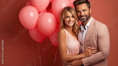 Joyfully grasping heart-shaped balloons. Valentine s Day festivities with a joyful Caucasian couple against a coral backdrop.