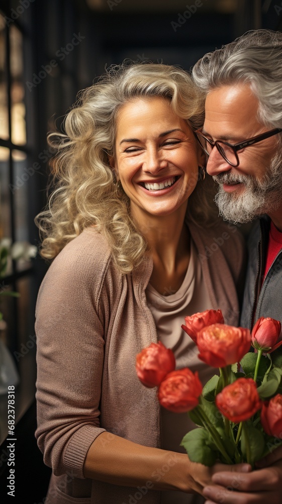 Valentine's Day photo: contented older woman gazing at beau while holding flowers.