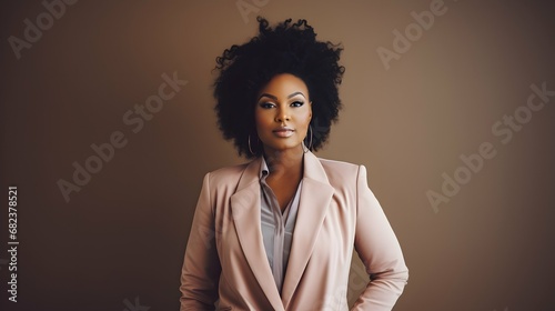Plus size business woman model in a suit, in office, african american girl