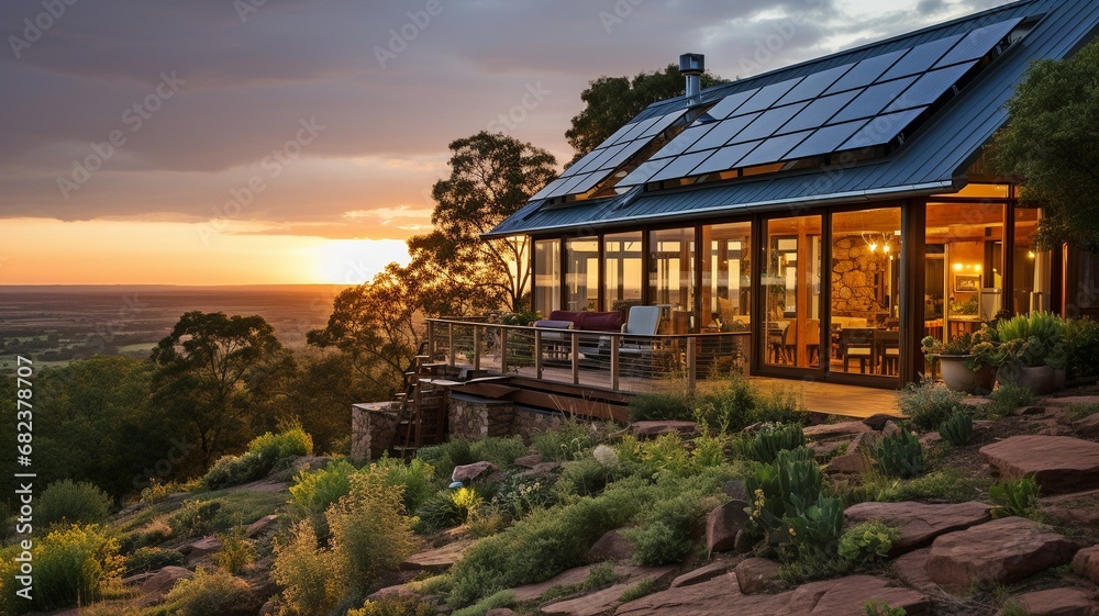Homestead on a hilltop with solar panels above it and the last of the sunshine casting a shadow across the landscape.