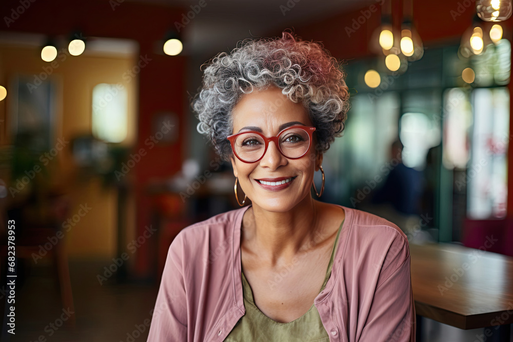 Portrait of a smiling mature businesswoman with glasses in a warm casual dining restaurant setting suggesting hospitality and entrepreneurship