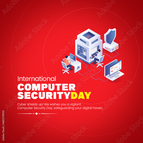 Poster for International Computer Security Day, featuring security icons and a red background. photo