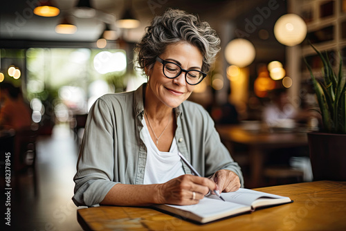 Smiling mature woman with glasses writing in notebook enjoying a tranquil moment in a cozy cafe setting ideal for lifestyle and marketing content targeting middle-aged demographics