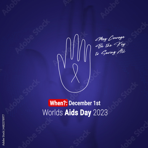 Poster for World AIDS Day 2023, featuring a hand outline and red ribbon on a purple background. photo
