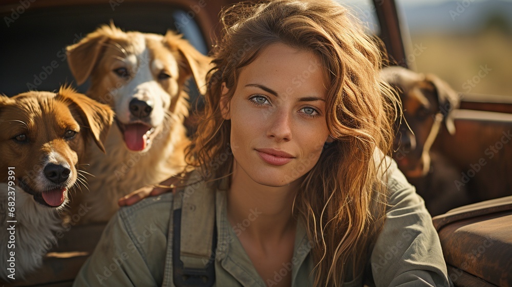 A woman in her mid-50s, gazing sideways, has farm dogs on her ute.. A woman in her mid-50s, gazing sideways, has farm dogs on her ute..