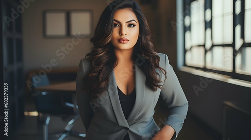 Plus size beautiful business woman model in a suit, in office