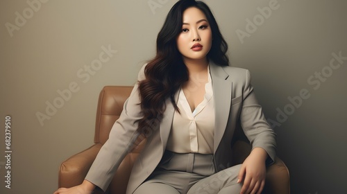 Plus size beautiful business woman model in a suit, in office