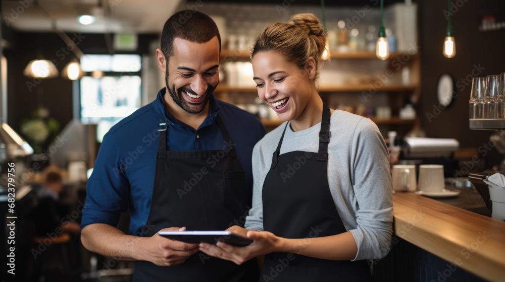 Obraz premium Cafe worker and manager smiling and engaging with each other while using a tablet