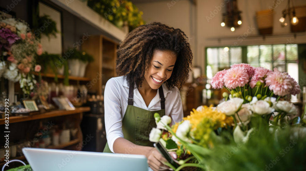 Smiling woman florist is using a laptop in a flower shop with a vibrant display of colorful flowers in the foreground. Smiling woman florist is using a laptop in a flower shop with a vibrant display of colorful flowers in the foreground.