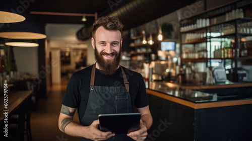 Cheerful male barista in a coffee shop, wearing an apron , holding a digital tablet and smiling, representing friendly and efficient customer service.