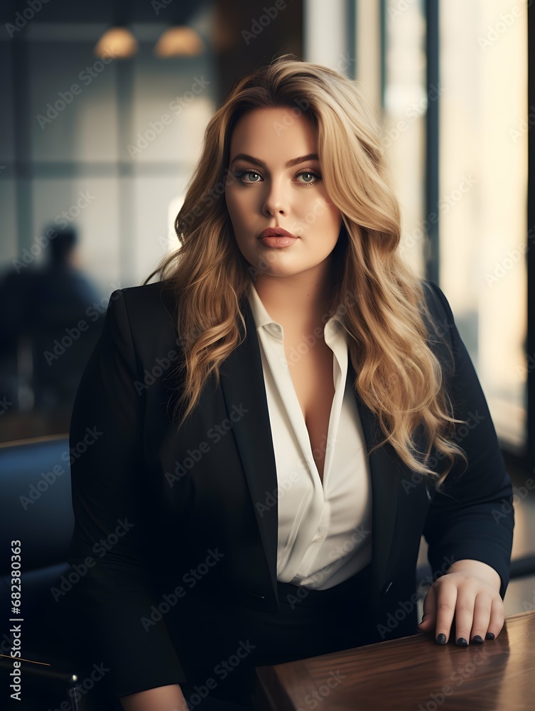 Plus size business woman model in a suit, office, Generative AI Plus size business woman model in a suit, office, Generative AI