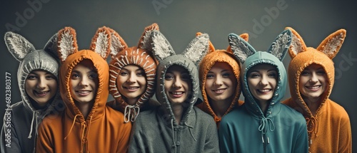 Isolated against a grey backdrop is a portrait of a group of humorous people wearing masks of animals. group of students or workers from the company enjoying fun together. photo
