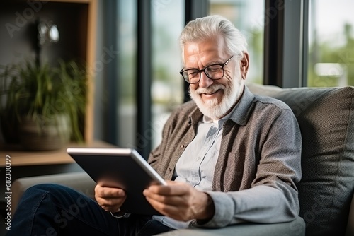 White old man with glasses, white hair, and beard sits at home on a couch in a shirt, uses a tablet at home and smiles © Georgii