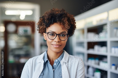 Middle-aged female pharmacist of African descent in white clothes with glasses smiles and looks at the camera