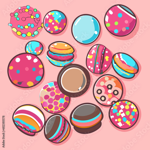 Colorful round chocolate candies. Vector illustration in cartoon style. Generative AI