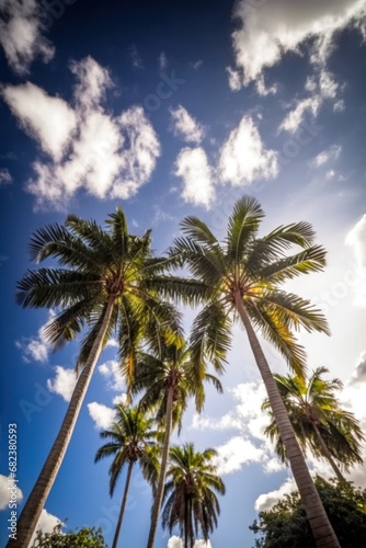 Tall palm trees and blue sky with clouds. Low angle view. Tropical nature. Generative Ai