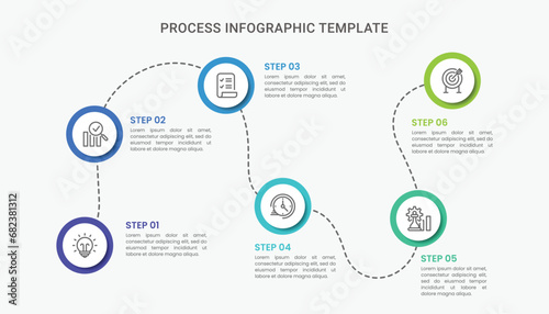 Timeline process infographic template for business presentation with icons and 6 steps.