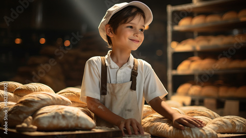 Young baker boy in bread factory. Concept of Junior Baker Apprentice, Youthful Bread Craftsman, Bakery Prodigy, Young Bread Maker, Flour-Dusted Apprentice.