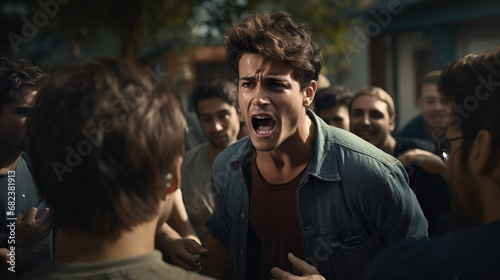 High school bully yelling at kids crowded outside school environment. Angry.  Concept of Intimidation Tactics, Bullying in Public, Schoolyard Conflict, Aggressive Behavior, Intense Verbal Abuse. photo
