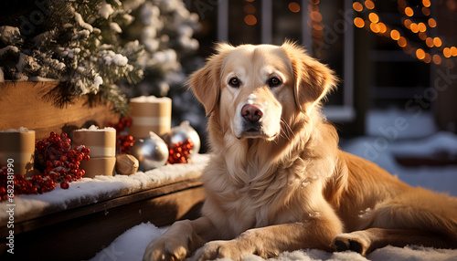 Dog covered in snow, sitting next to a small, decorated Christmas tree.