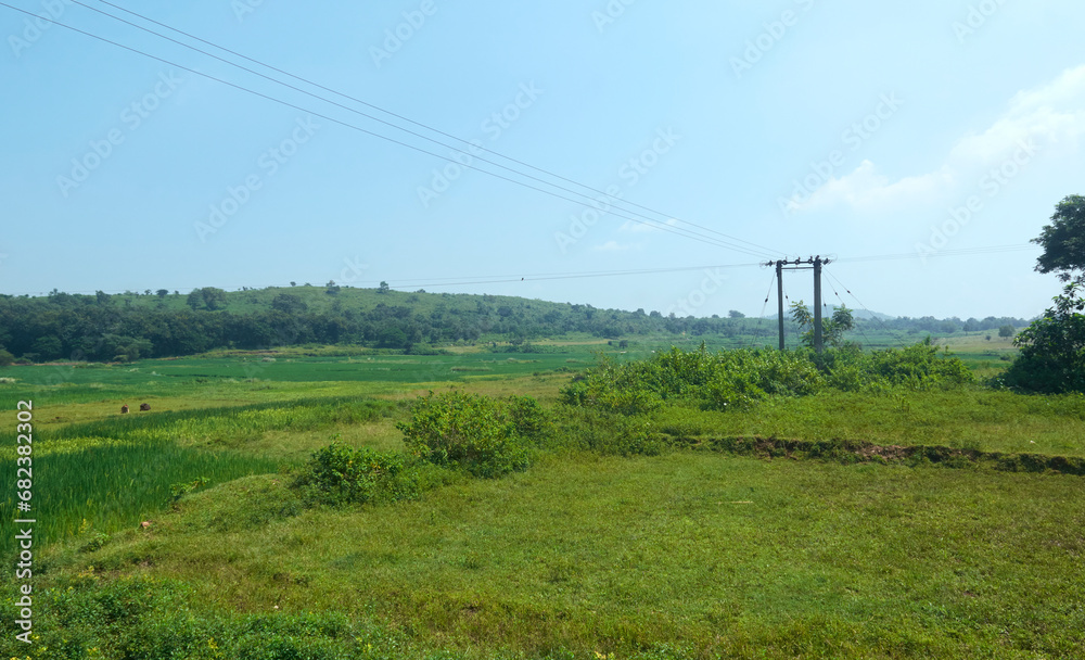 Transmission of electricity through rugged landscape of Purulia beaming with some hilltops and majestic valleys. Known as Jungle Mahal region in West Bengal.
