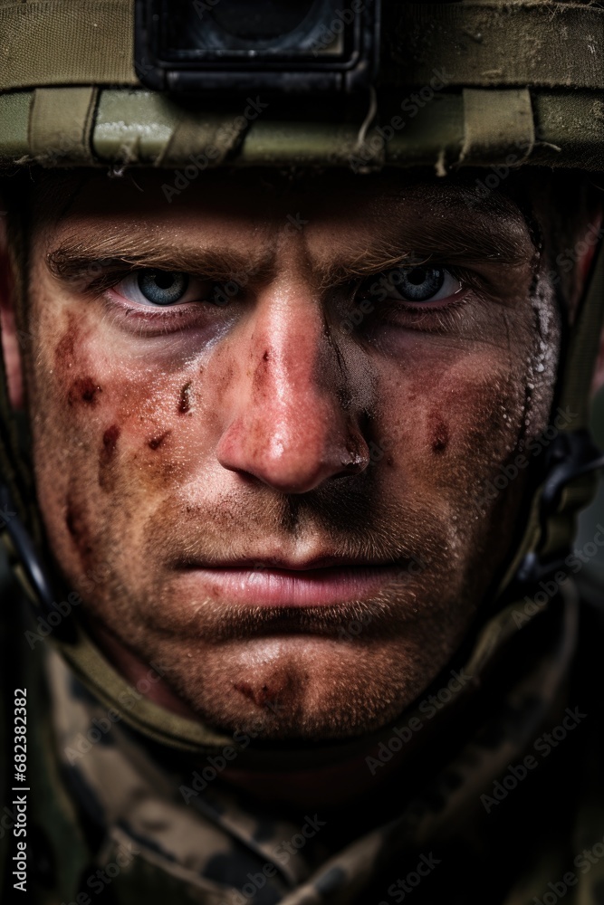 closeup portrait of a war torn soldiers face closeup portrait of a war torn soldiers face