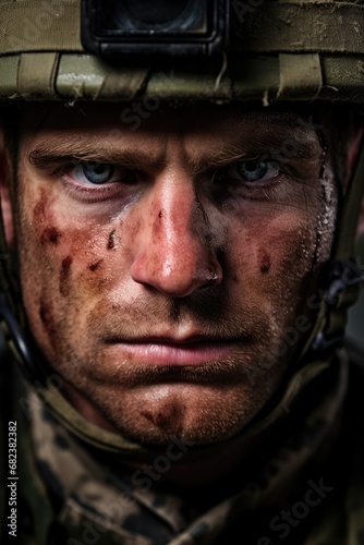 closeup portrait of a war torn soldiers face