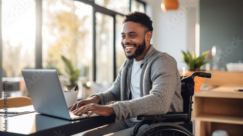 Smiling man in a wheelchair works on laptop in his home office. photo