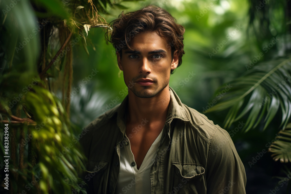 Generative ai picture photo of handsome guy walking in green exotic rainforest exploring nature