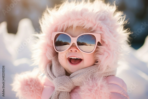 Generative AI portrait of beautiful adorable positive child walking frosty sunny snowy cold winter day outdoors © Tetiana