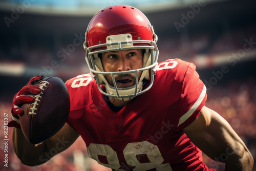 White American football player in a red uniform runs with the ball during a match
