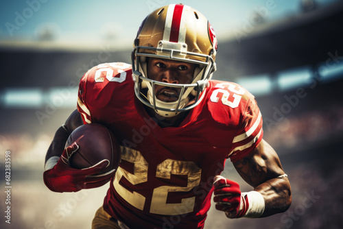 American football player of African descent in a red uniform with the ball
