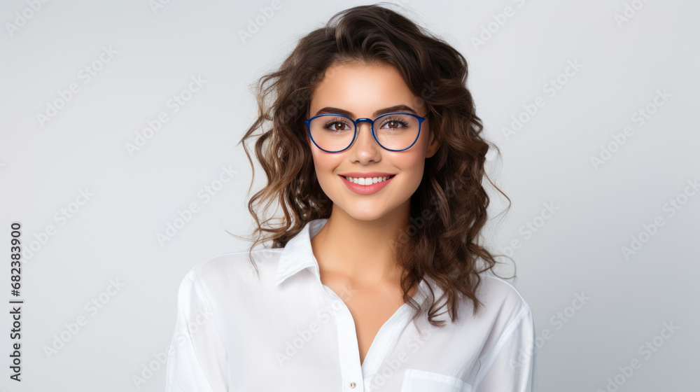 Smiling woman with curly hair and glasses, wearing a white shirt, against light grey background Smiling woman with curly hair and glasses, wearing a white shirt, against light grey background