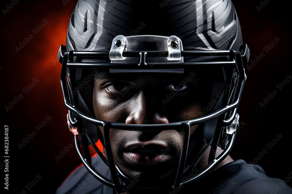American football player of African descent in dark uniform and helmet on a dark background American football player of African descent in dark uniform and helmet on a dark background