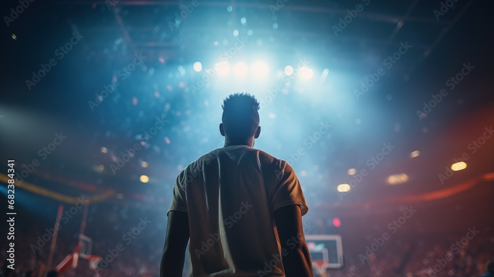 Back view - Basketball player in sports uniform with a ball on a floodlit professional basketball court. generative ai Back view - Basketball player in sports uniform with a ball on a floodlit professional basketball court. generative ai